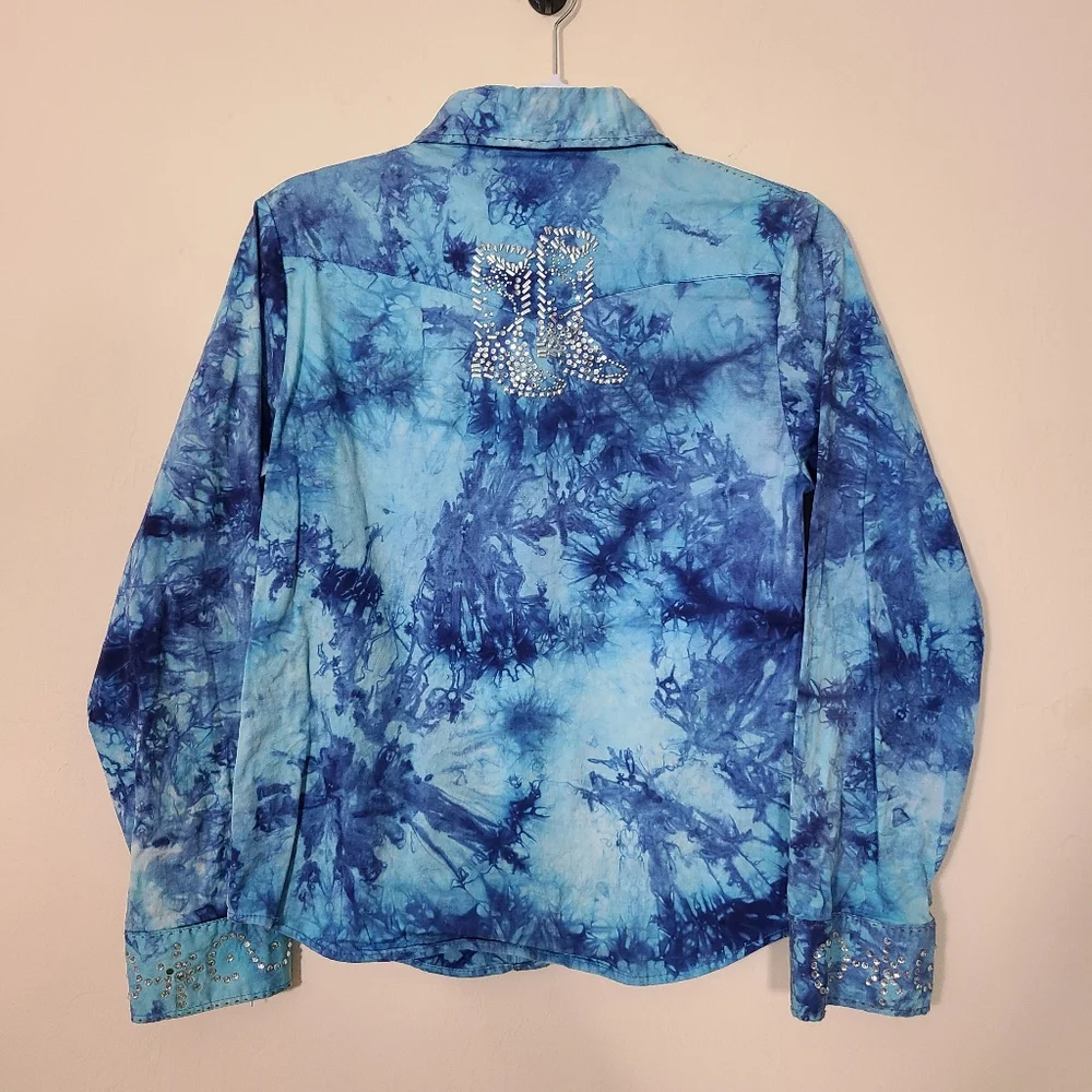 Y2K TyeDye Rhinestone Jacket Blue Silver Rhinestones Shirt With Pockets XL - Picture 8 of 11
